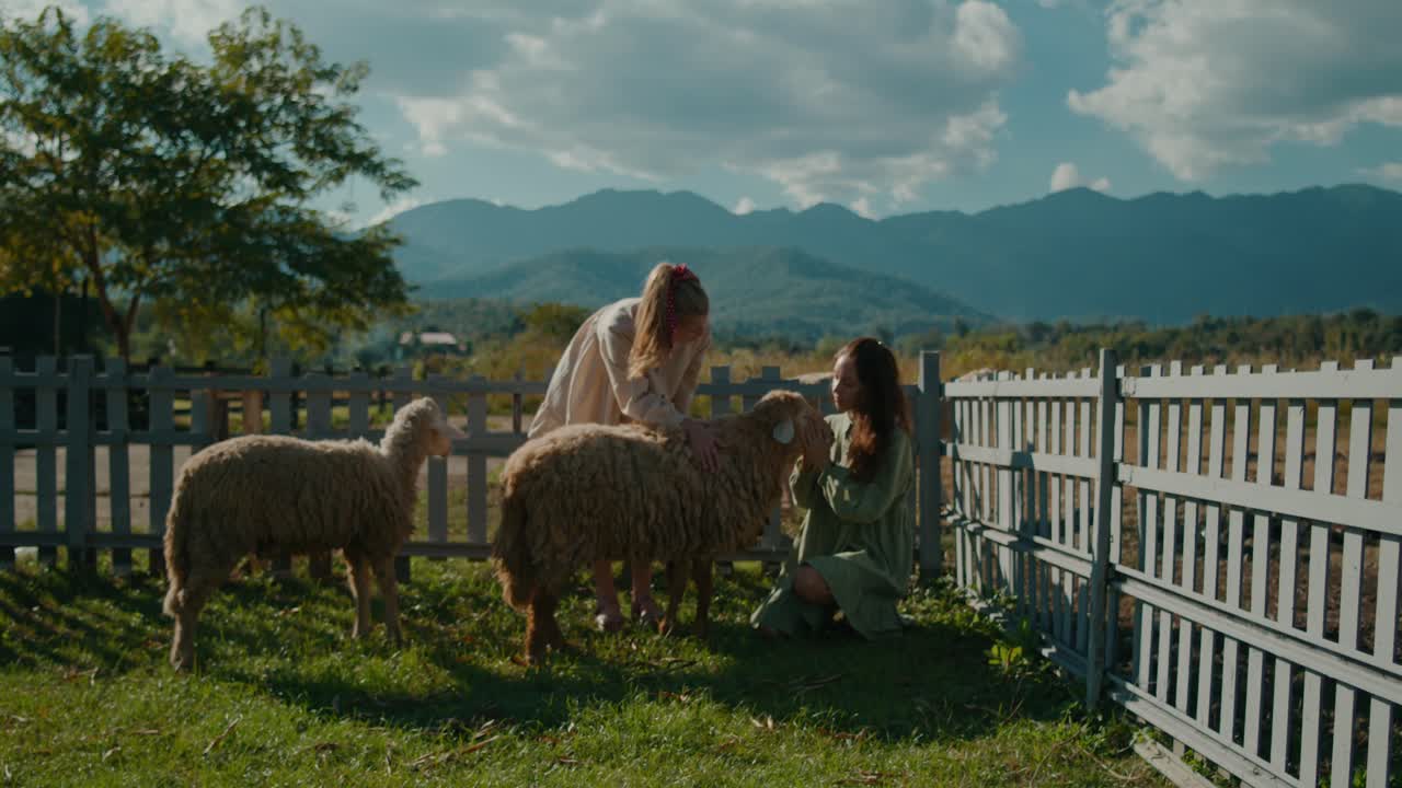 Children petting sheep at a farm