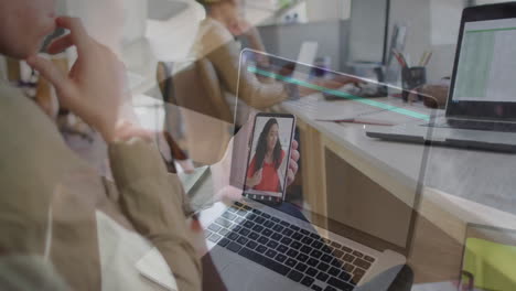 video conferencing on laptop, person in office with colleagues working animation