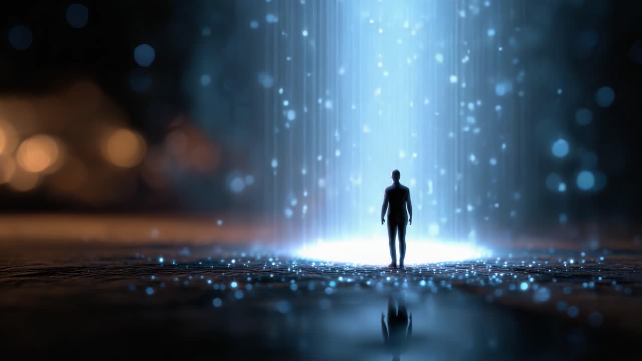 A solitary figure stands amidst a mesmerizing cascade of shimmering light particles, creating a surreal atmosphere of wonder and tranquility in a digital dreamscape