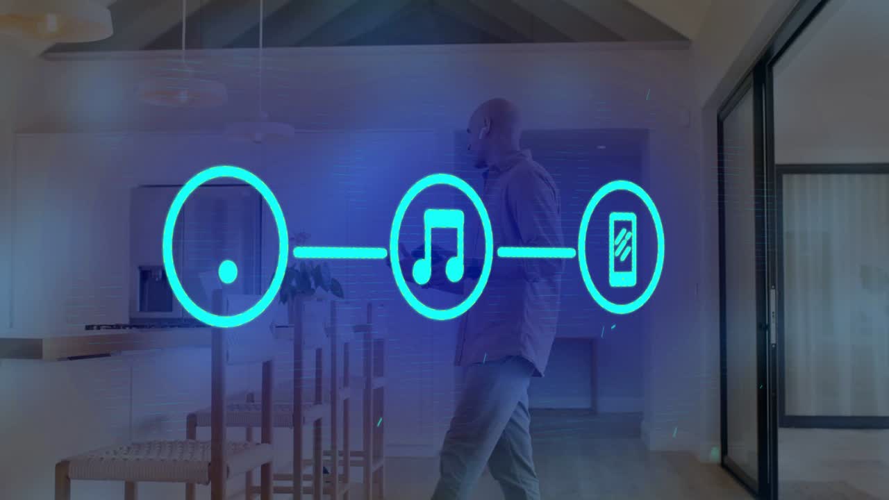 Icona olografica blu che appare, uomo che si muove gesticolando, icone Wi-Fi, musica o telefono che si formano, collegando in modo intelligente.