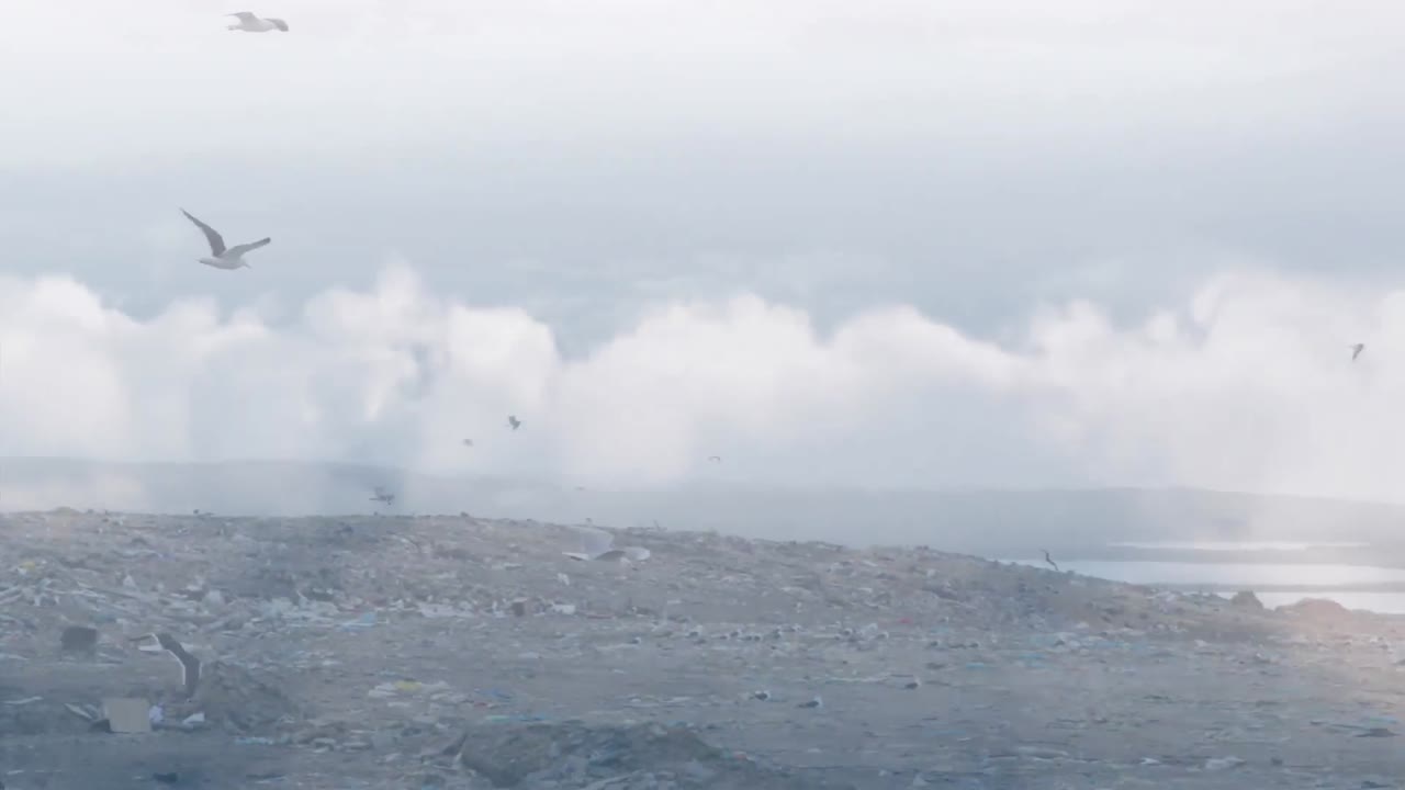 폐기물 처분장 위를 날아다니는 새들과 함께 구름의 애니메이션