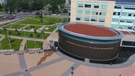 The-Regional-Municipality-of-Durham,-Health-Department-Entrance-Signage,-Aerial-View,-Ontario,-Canada