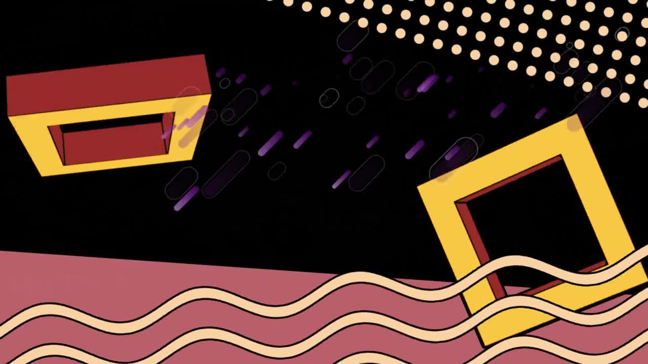 검은 바탕에 회전하는 사각형, 파동 및 추상적인 모양의 애니메이션