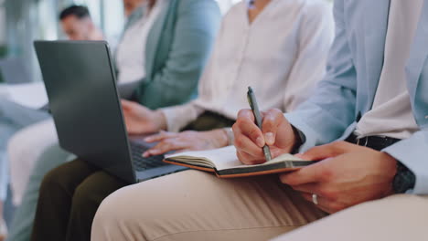 presentation, row and business people writing