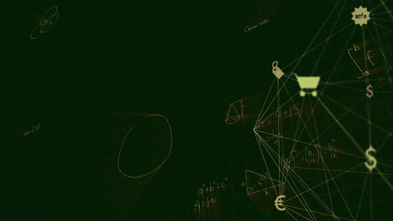 검은 바탕의 수학 방정식 위에 아이콘으로 연결된 네트워크의 애니메이션