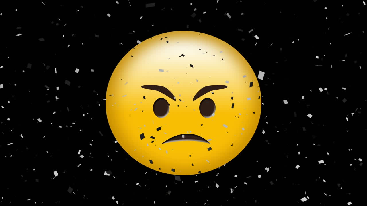 Animazione digitale di coriandoli che cadono su emoji con la faccia arrabbiata su sfondo nero.