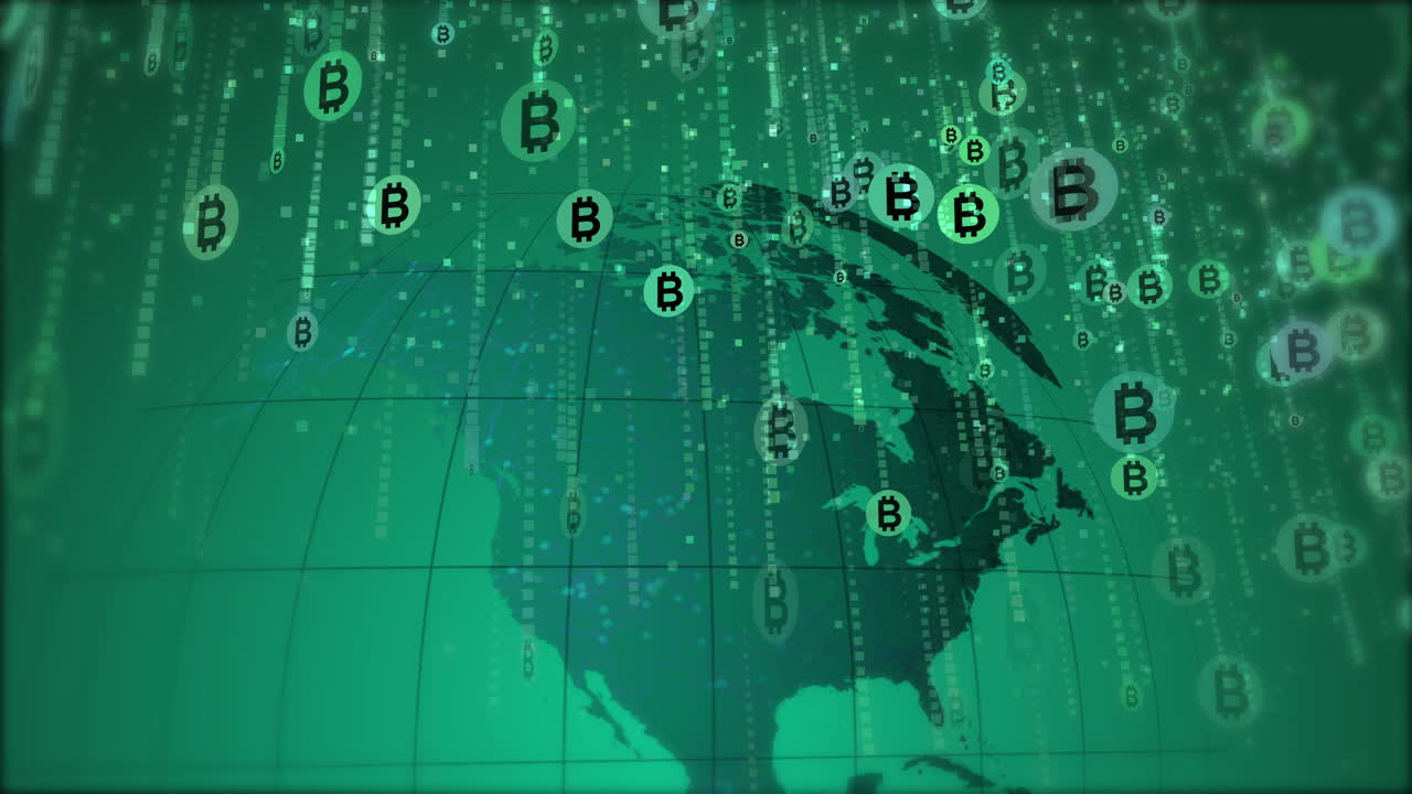 Round bitcoin symbols falling down like rain on a rotating earth globe background. Green looped animation for business. Bitcoin icon in digital cyberspace.