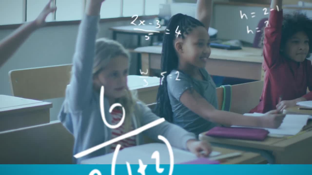 Animation of floating mathematical equations over group of kids sitting in classroom raising hands