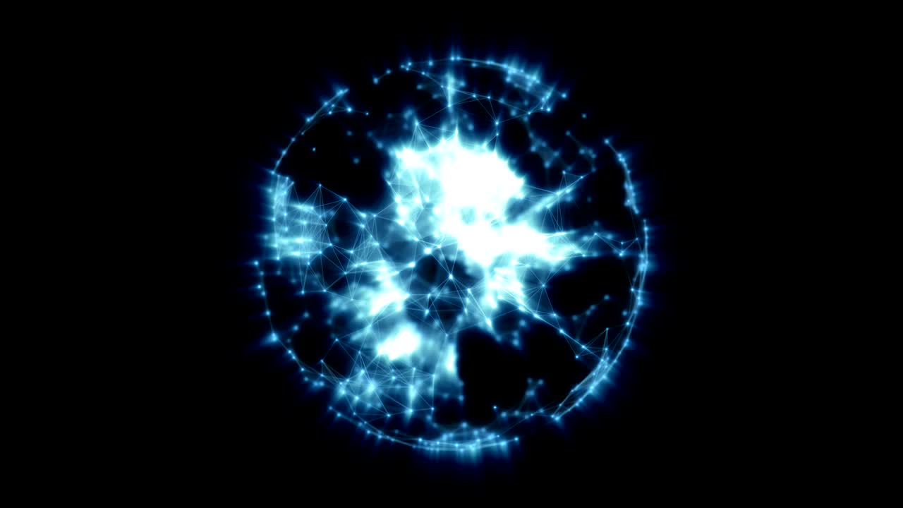 esfera radiante azul abstracta rotativa animada construida con puntos brillantes, líneas y polígonos