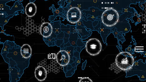 Animación-Del-Procesamiento-De-Datos-Digitales-Sobre-Iconos-Y-Mapa-Mundial-Sobre-Fondo-Negro