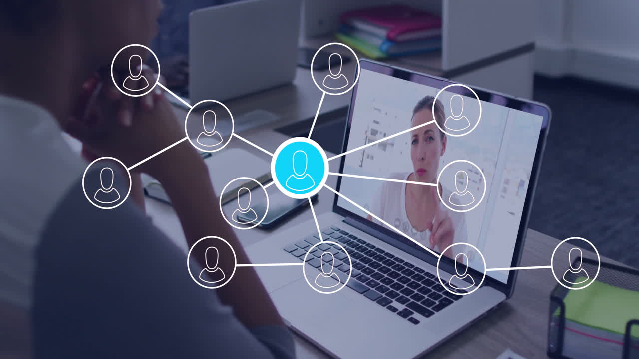 Participating in virtual meeting, person connecting with network on laptop screen