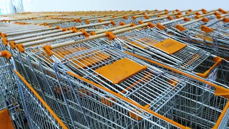 panning shot of shopping trollies lying vacant at the shopping mall due to covid