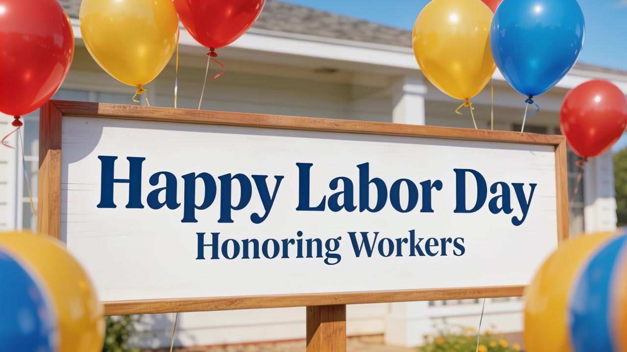 Approaching camera showing wooden sign at house, revealing Labor Day honoring workers with balloons