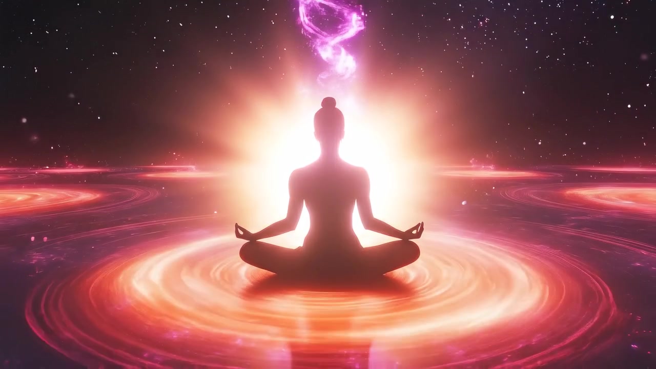 Meditazione spirituale con flusso di energia in un universo cosmico
