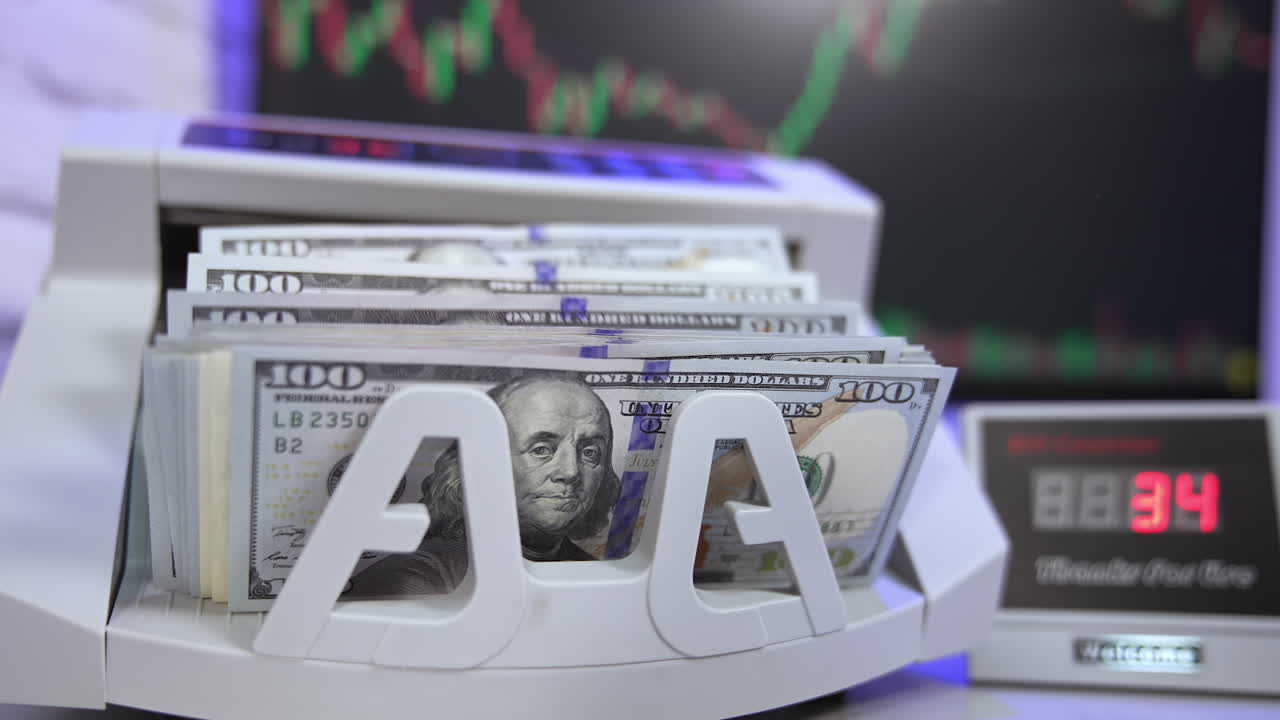 Calculating credit investments. Dollar counting machine for banking financing.