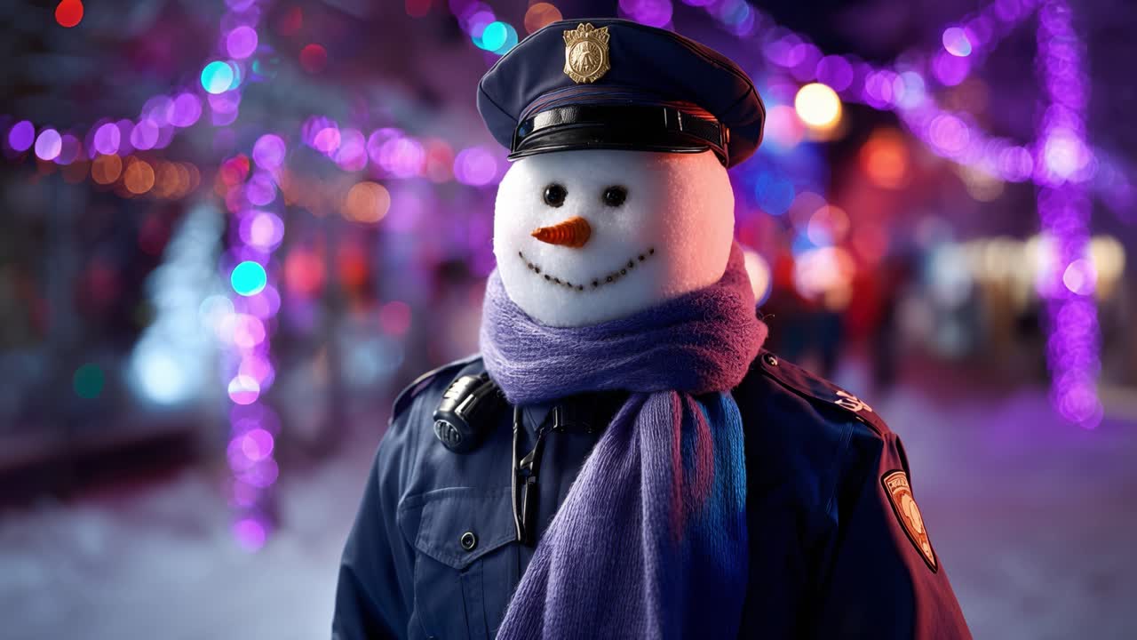 Snowman in police uniform stands with smile. Purple lights glow behind in festive night. Snowman wears scarf and cap, looking friendly. Scene feels joyful, safe, and holiday-themed