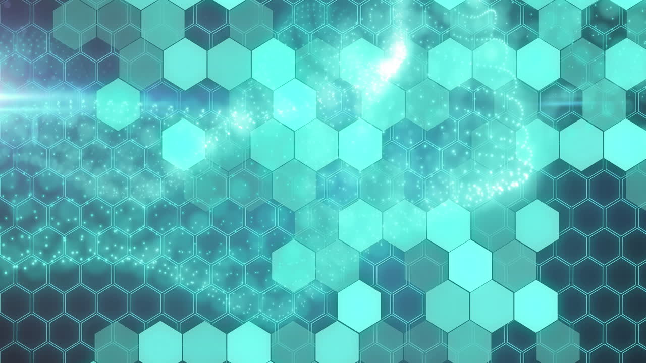 animación de formas en movimiento y puntos sobre fondo azul.