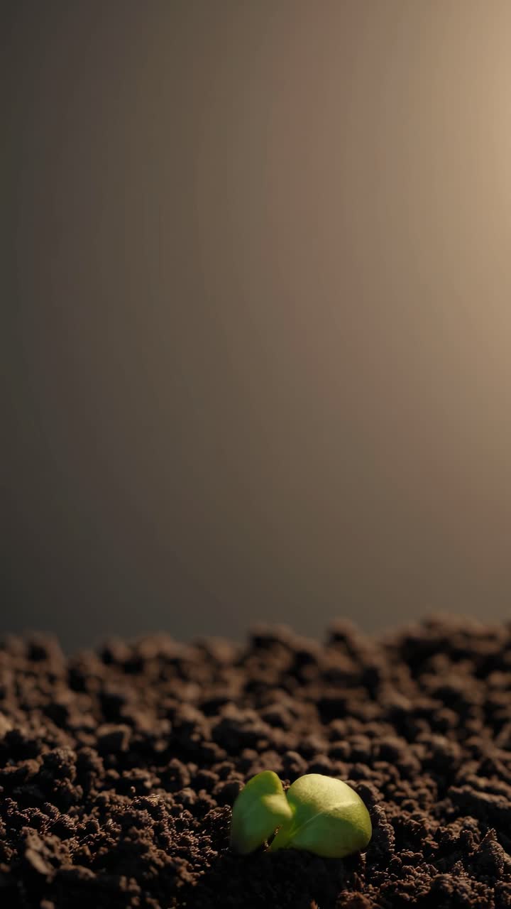 Close-up, low-angle shot of a small green sprout emerging from soil, symbolizing growth