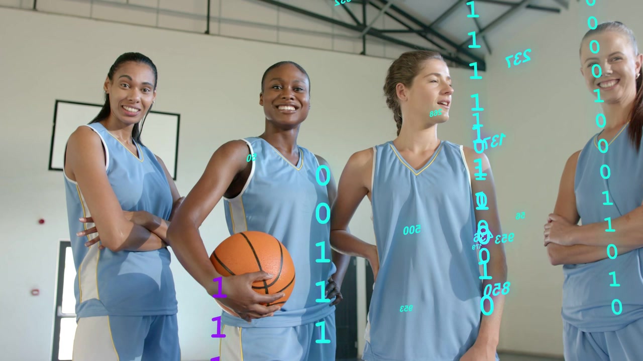 Quatro atletas segurando uma bola na academia, sorrindo e posando, enquanto uma sobreposição ciano-petróleo se move pelos uniformes.