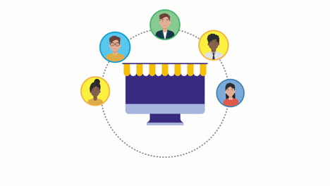 desktop with social media marketing community animation