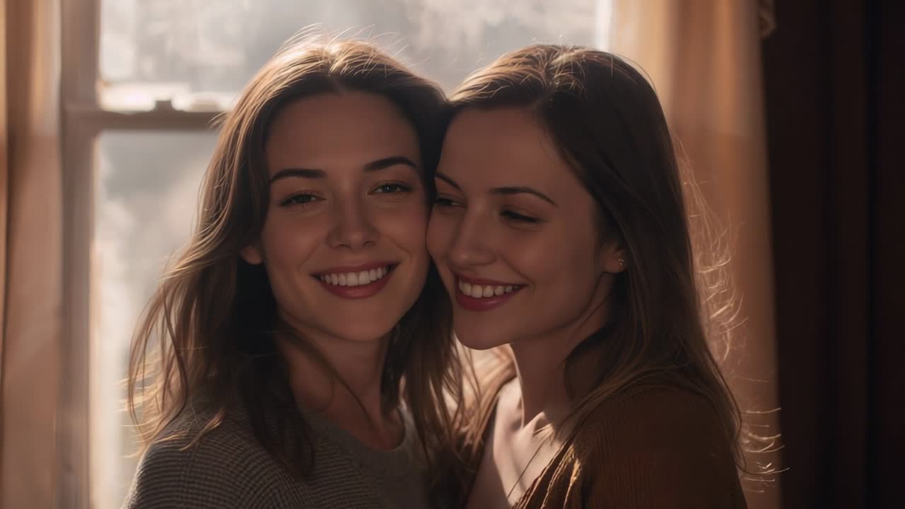 Mujeres sonrientes, una de ellas recostada cerrando los ojos, girándose afectuosamente, vestidas de gris o marrón junto a cortinas translúcidas en casa.
