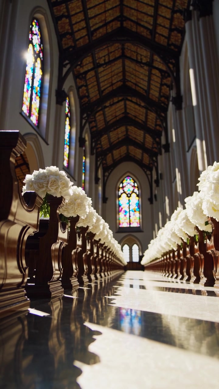 Decorazioni floreali bianche per matrimonio lungo i banchi della chiesa