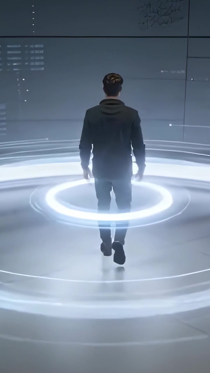 Vertical video: Stepping man in dark jacket entering lit ring in lab, prompted by UI marker