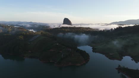 el penon de guatape rock in colombia, cinematic establishing aerial