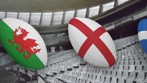 Animation-Von-Rugbybällen-Mit-Nationalflaggen-über-Dem-Stadion