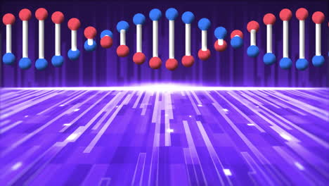 animación de la cadena de adn sobre rayas y luces móviles azules