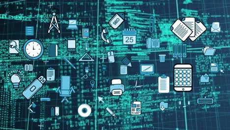 animation of network of computing and business icons and data processing