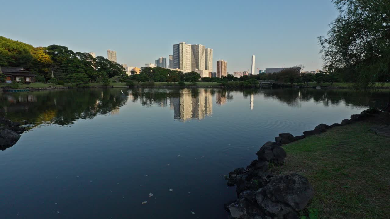 A tranquil Tokyo park lake beautifully reflects the modern skyline, showcasing a peaceful blend of nature and urban architecture.