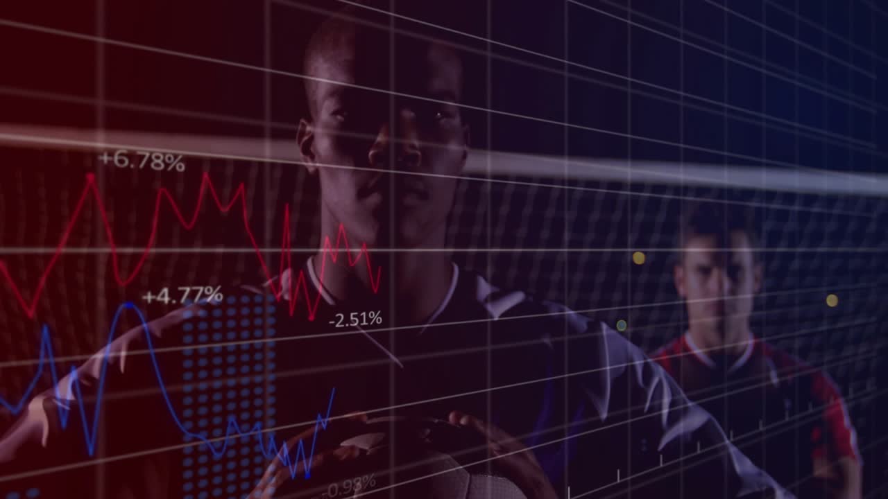 Time-based fade creating player holding soccer ball beside teammate with analytics charts showing