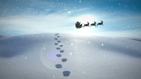 animation of santa claus in sleigh with reindeer passing over snowy winter scenery