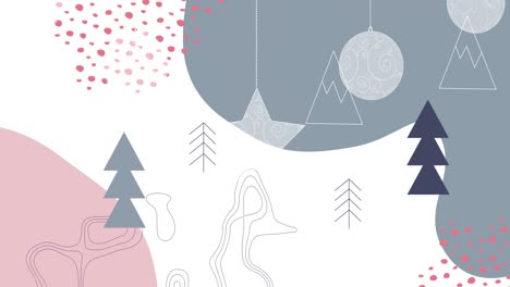 animation of christmas decorations over christmas trees