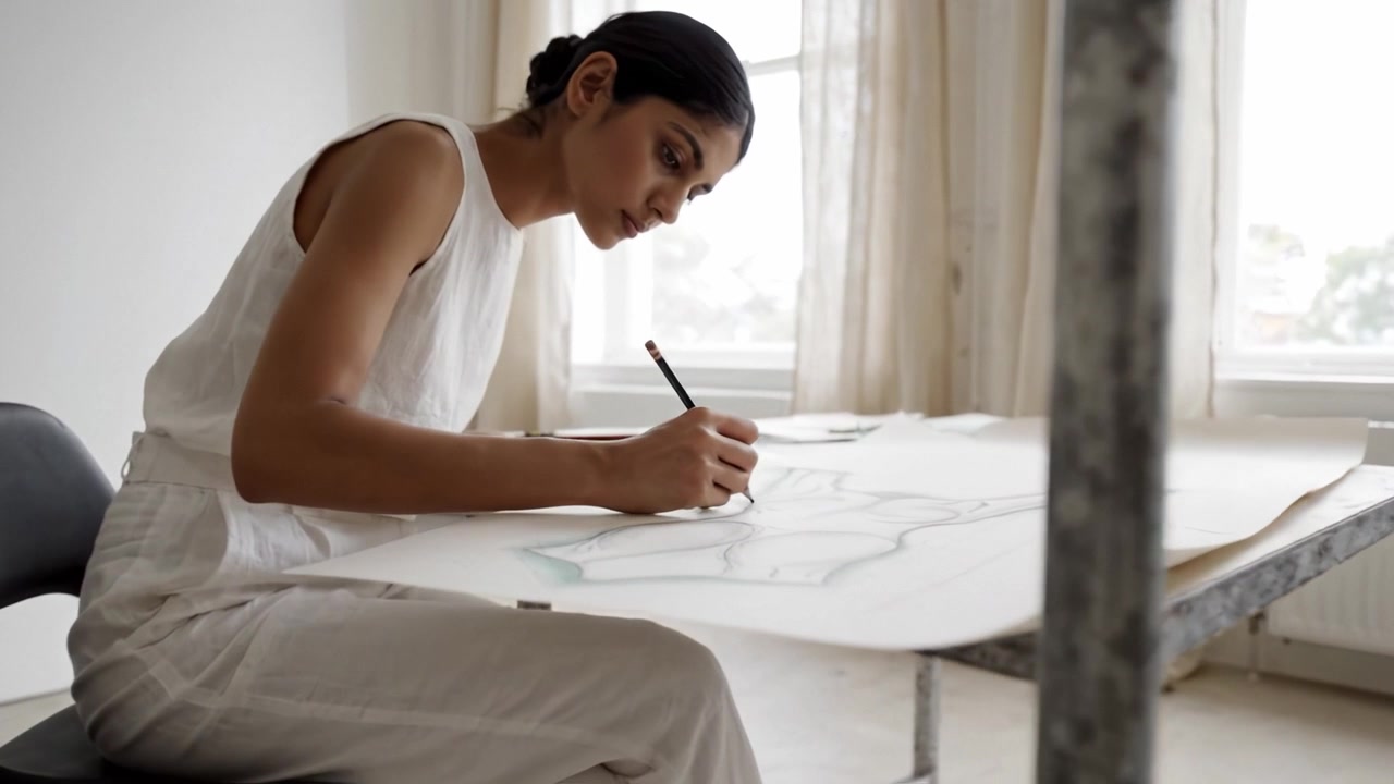 Uma mulher concentrada mostrando habilidade artística em um espaço claro e minimalista, enquanto esboça em papel grande com um lápis, cercada por luz natural suave e inspiração.