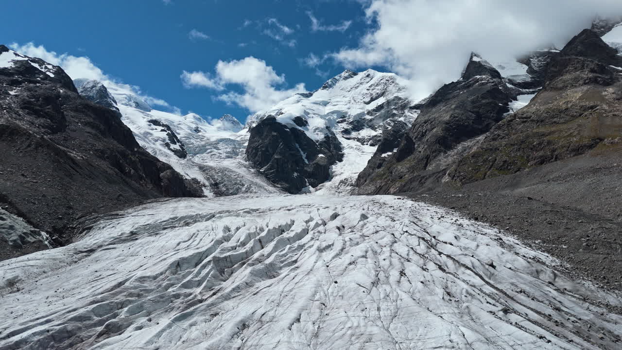 Majestic Morteratsch Glacier under blue sky, scenic mountain terrain