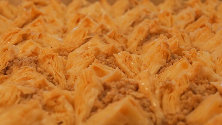 Mediterranean dessert Turkish baklava with ground walnuts and sweet syrup. Natural ingredients in the national Turkish treat. Islamic world