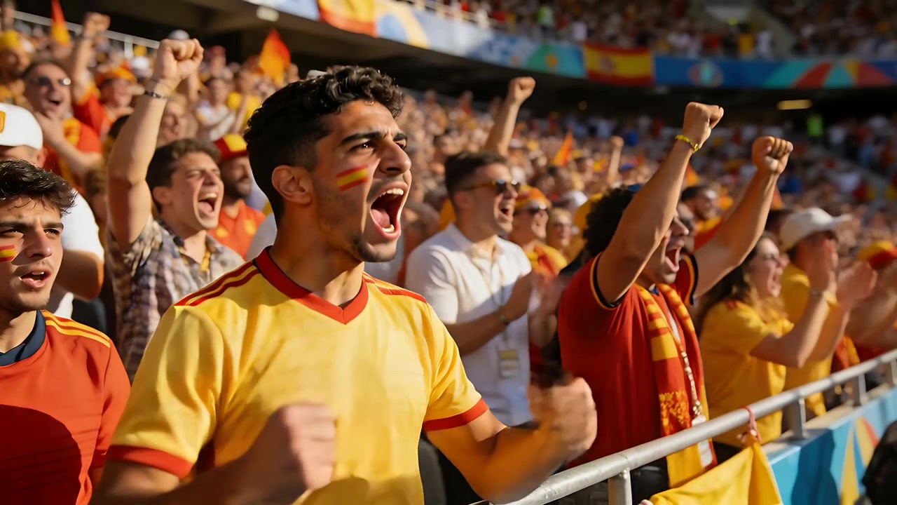 Aficionado animando con camiseta amarilla, levantando los puños y gritando en la barandilla del estadio, reaccionando a un gol.