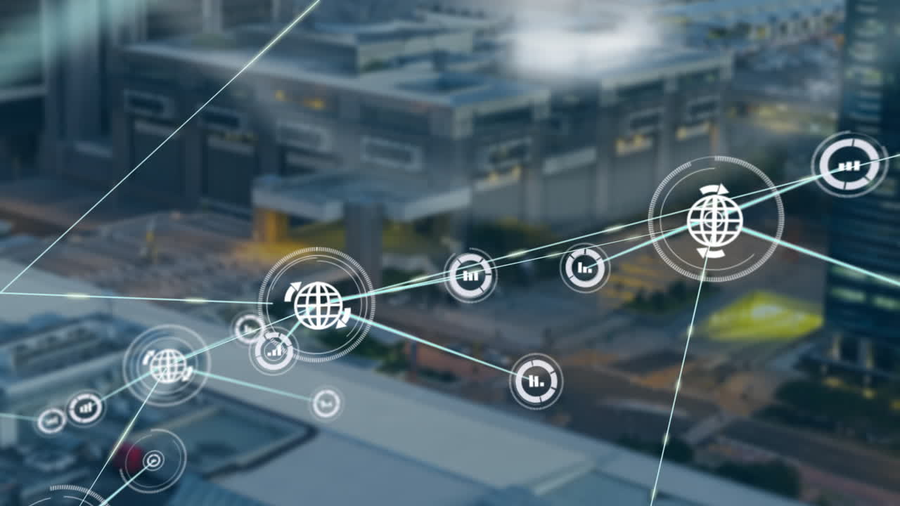 Network of connections and data processing animation over urban buildings