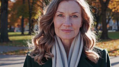 mature woman experiencing emotional range from contemplative to joyful, standing amid golden autumn park landscape with soft sunlight filtering through changing leaves