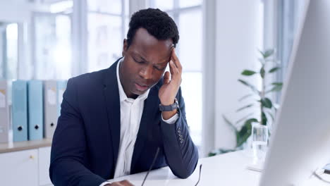 business man, headache and glasses on computer
