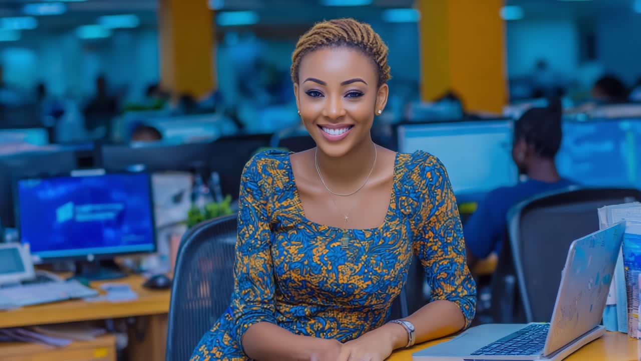 Confident Professional Smiling in Office Environment, Showcasing Modern Work Culture and Positive Energy Among Colleagues Engaged in Their Tasks