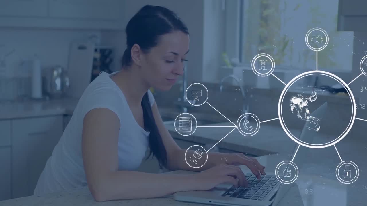 집에서 노트북을 사용하여 여자 학생 위에서 회전하는 지구의 애니메이션