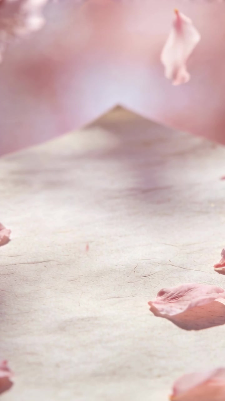 Video verticale: Brezza che spinge petali rosa che fluttuano e si posano su una superficie chiara con un cono, foschia rosa.