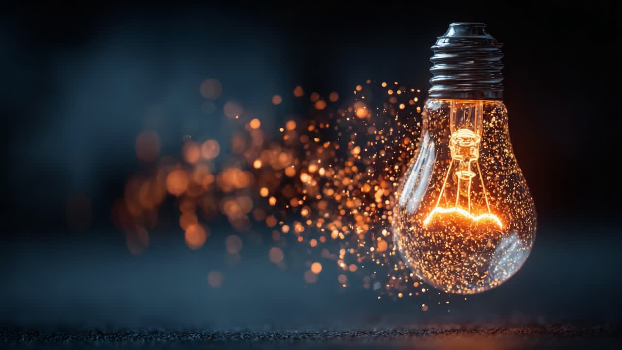A dazzling light bulb illuminates a dark space, surrounded by a mesmerizing spray of luminous particles and radiant sparks, embodying creativity and inspiration
