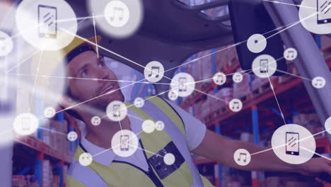 network of digital icons against caucasian male worker driving forklift vehicle at warehouse