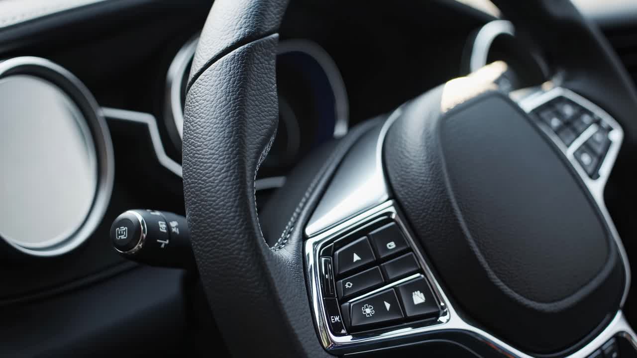 Close-up video shot of a car steering wheel from a driver's perspective, highlighting sleek design