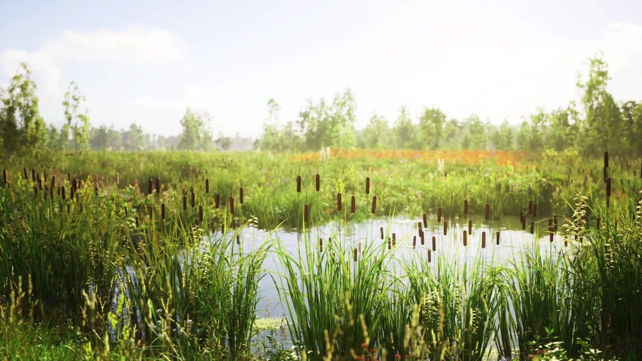 Overexposed airy aesthetic featuring luminous water and tall reeds