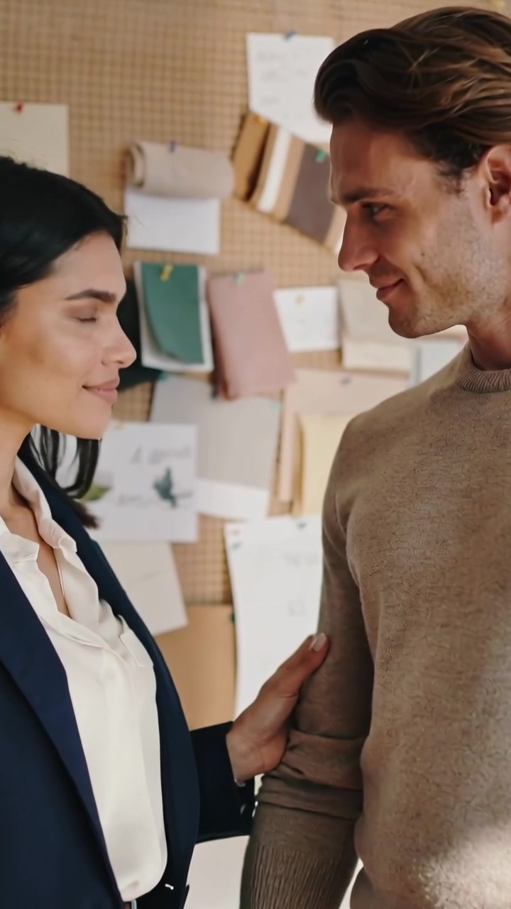 Video verticale: Dopo la revisione, donna in blazer si congratula con un uomo in maglione davanti a una bacheca in studio.
